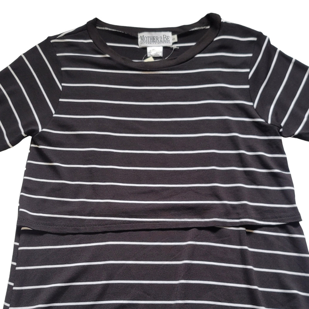 Mother 2 Be Maternity Nursing Wear Short Sleeve Black White Striped Top - Picture 5 of 10